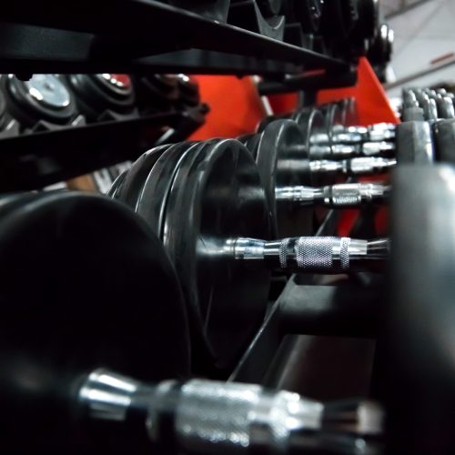 Weight training equipment, row of steel sports dumbbells in sports club